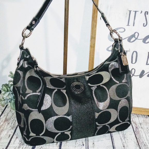 💎 Coach 3 Color Black Metallic Silver Signature Stripe Convertible Satchel Bag - Picture 4 of 12